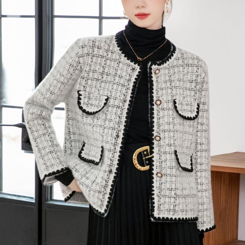 Round Neck Tweed Cropped Button Jacket Product Image