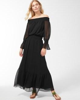 Chiffon Off Shoulder Black Maxi Dress Product Image