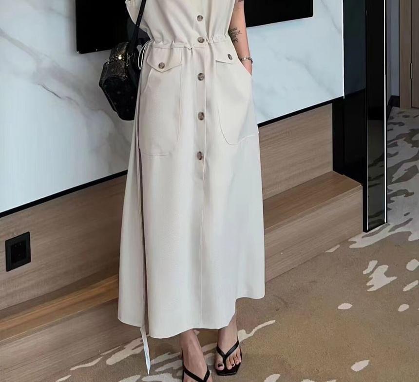 Sleeveless V-Neck Plain Button Midi A-Line Dress Product Image