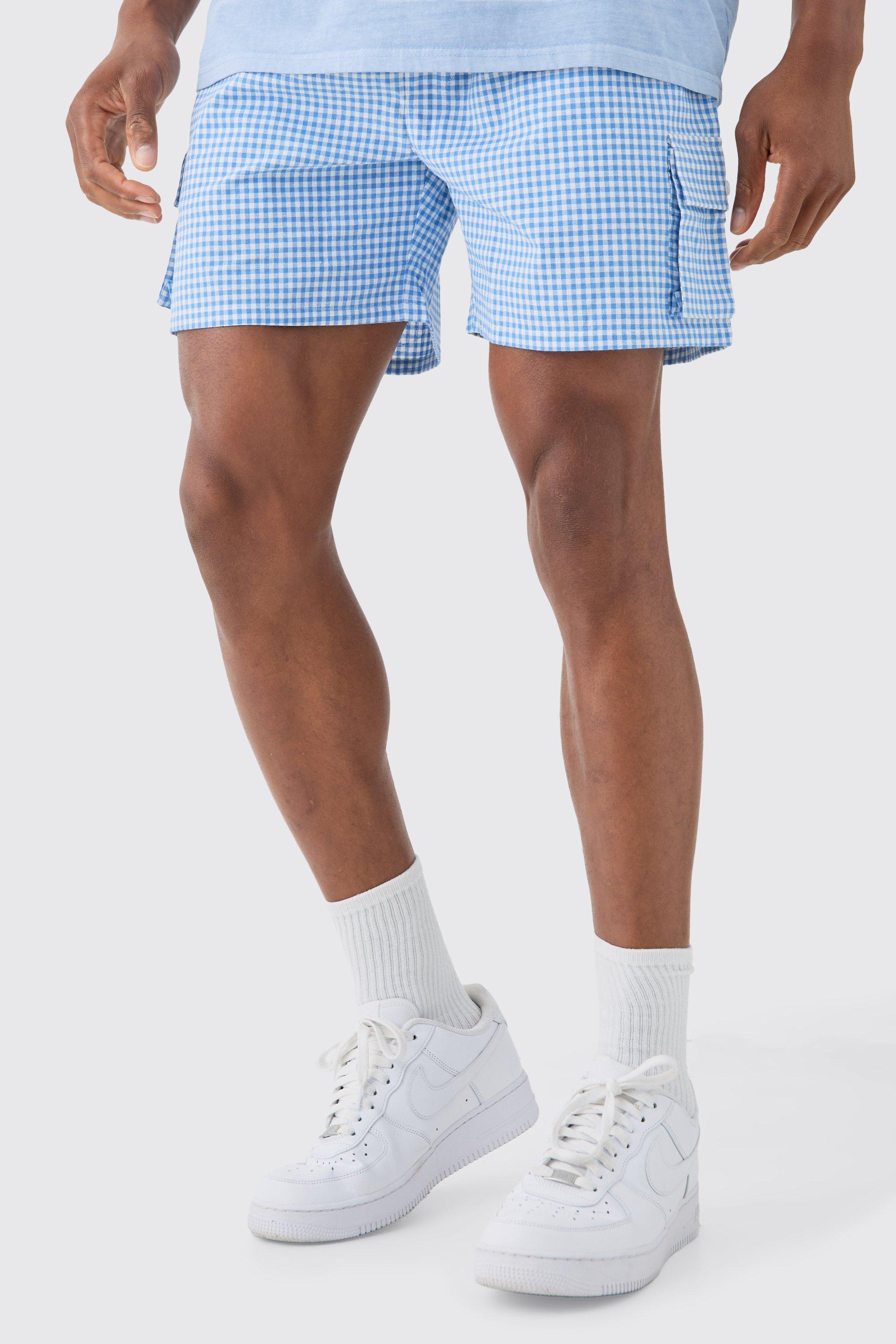 Elasticated Waist Gingham Check Linen Look Relaxed Short In Blue | boohooMAN USA Product Image