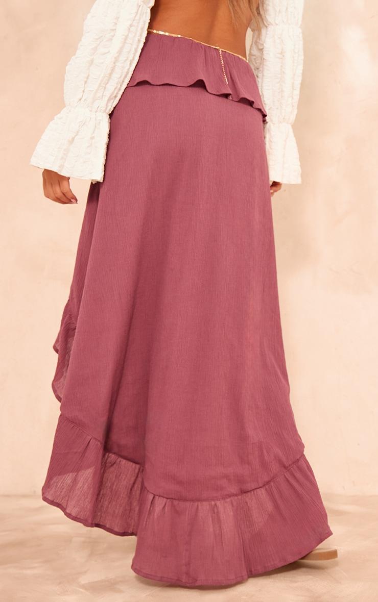 Berry Cheesecloth Shirred Waist Waterfall Hem Maxi Skirt Product Image