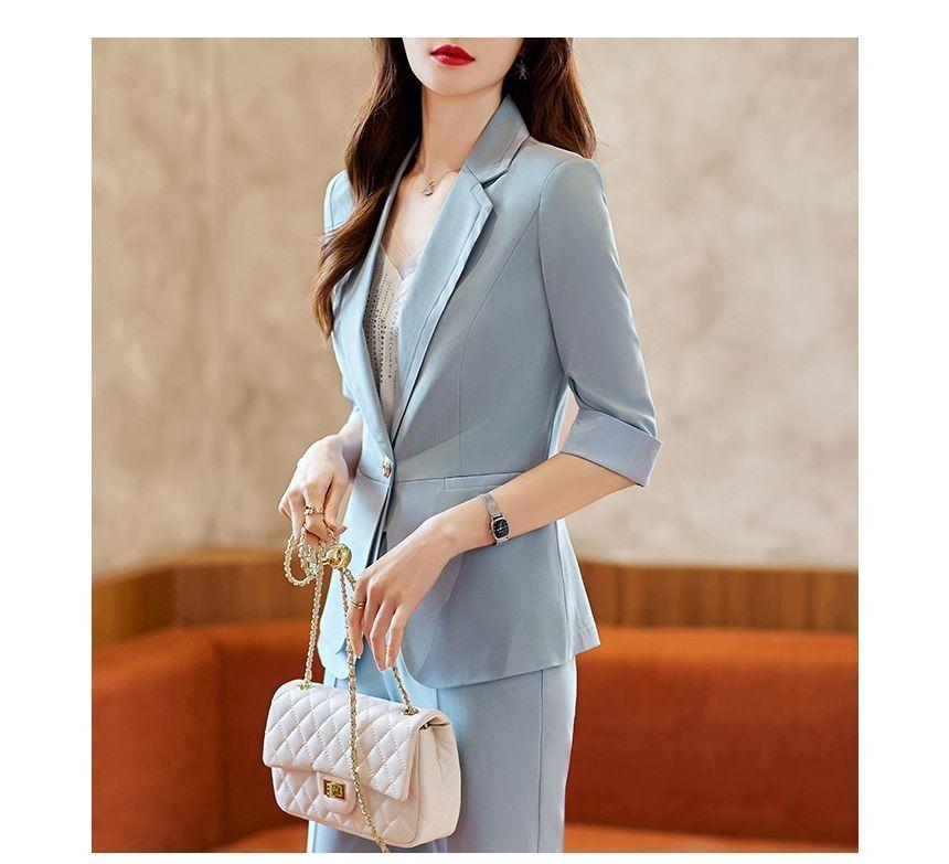 3/4-Sleeve Plain One-Buttoned Blazer / Crop Tapered Dress Pants Product Image