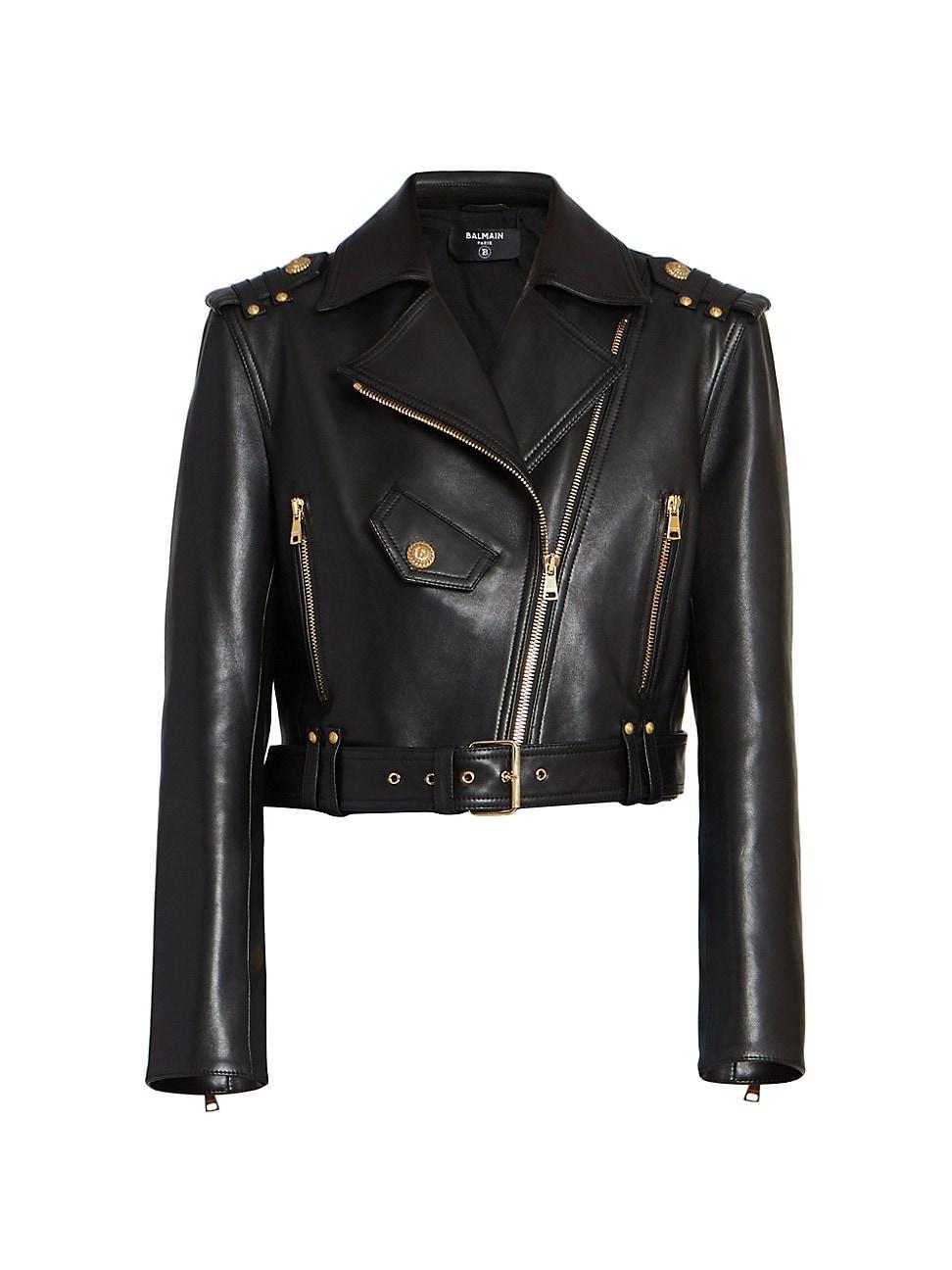 Womens Leather Crop Biker Jacket Product Image