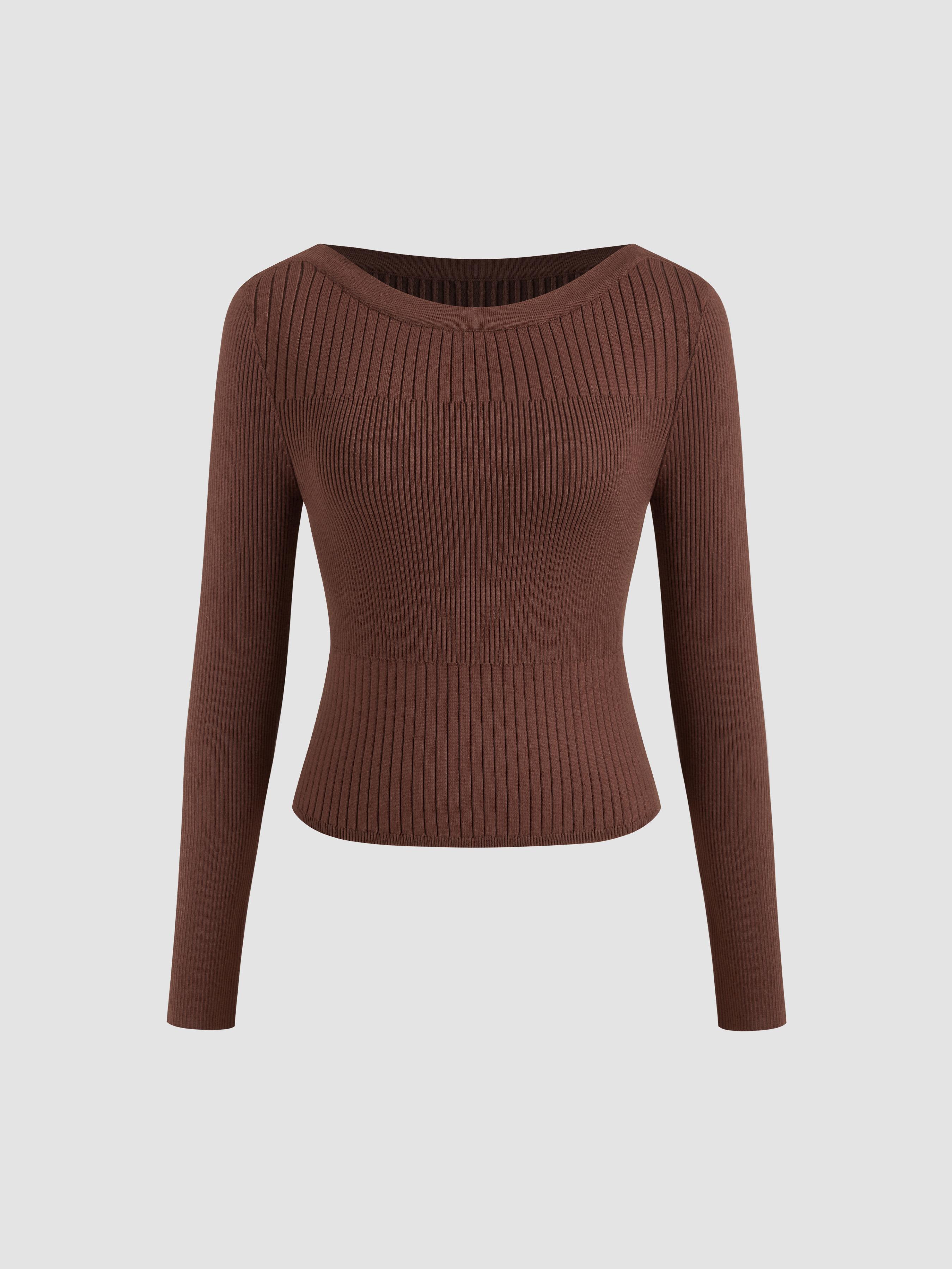 Wool-blend Boat Neck Solid Knitted Long Sleeve Top Product Image