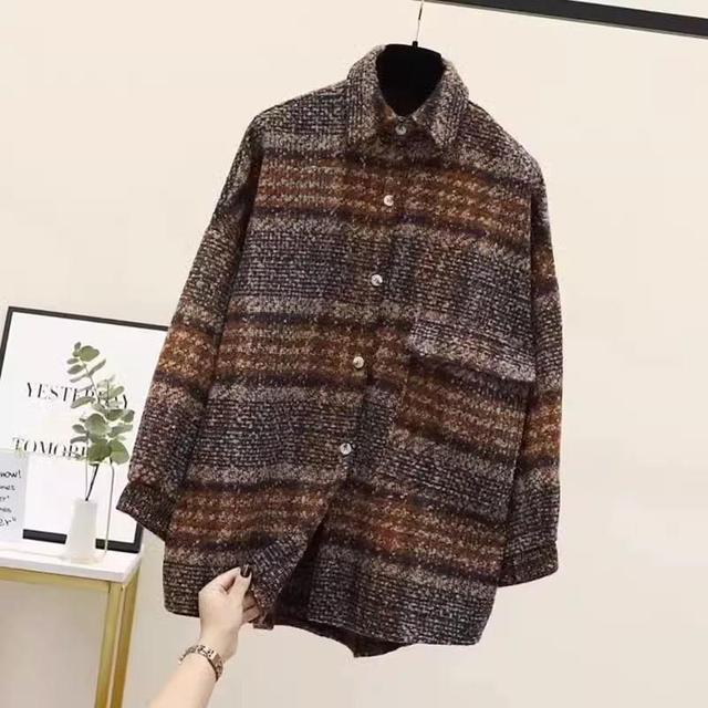 Long Sleeve Collared Plaid Shirt Jacket Product Image