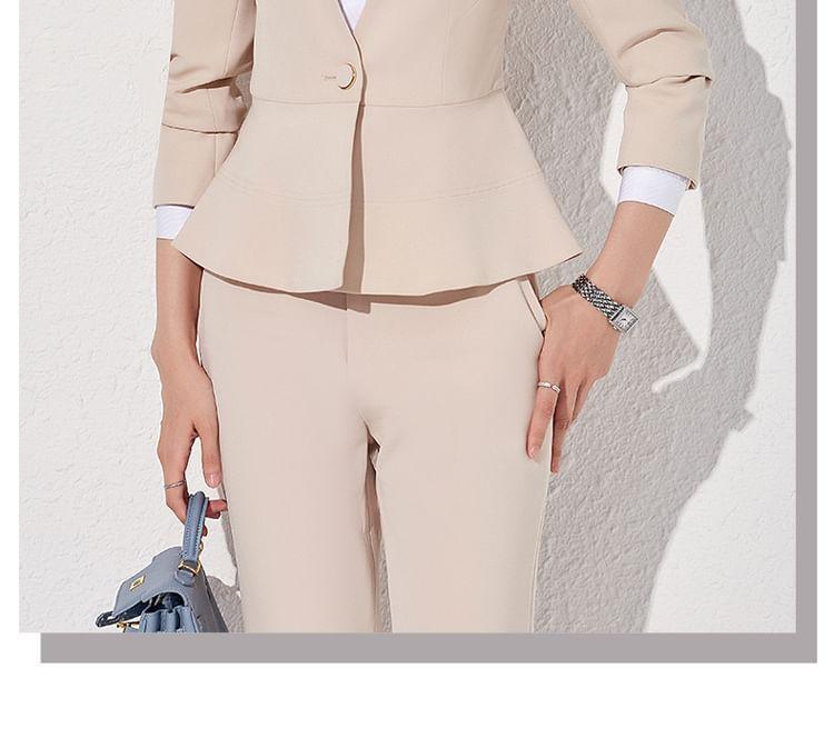 V-Neck Plain Peplum Single Breasted Blazer / High Rise Flared Suit Pants / Set Product Image