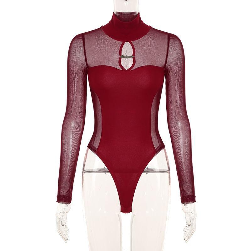 Long-Sleeve Mock Neck Cutout Plain Bodysuit Top Product Image