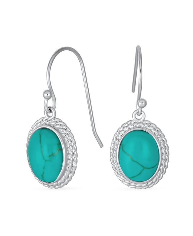 Western Style Blue Turquoise Milgrain Cable Edge Oval Gemstone Drop Earrings For Women .925 Sterling Silver Wire Fish Hook Product Image