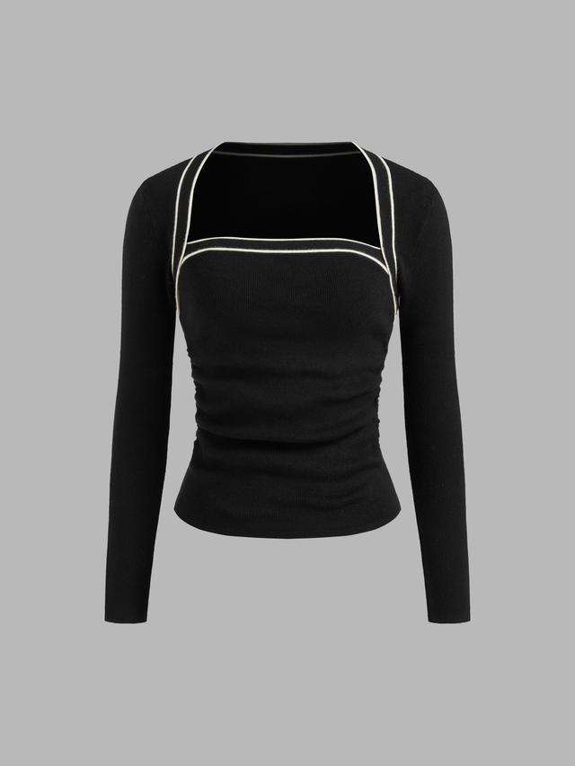 Knit Square Neck Solid Contrasting Binding Ruched Long Sleeve Top Product Image