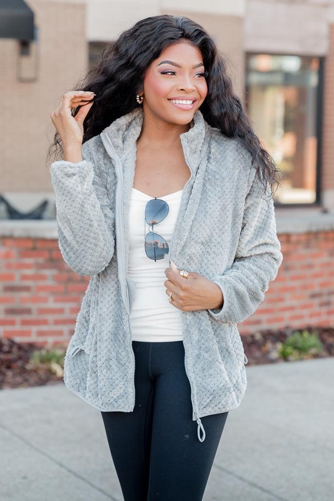 Cozy Charm Grey Textured Sherpa Zip Up Jacket Product Image