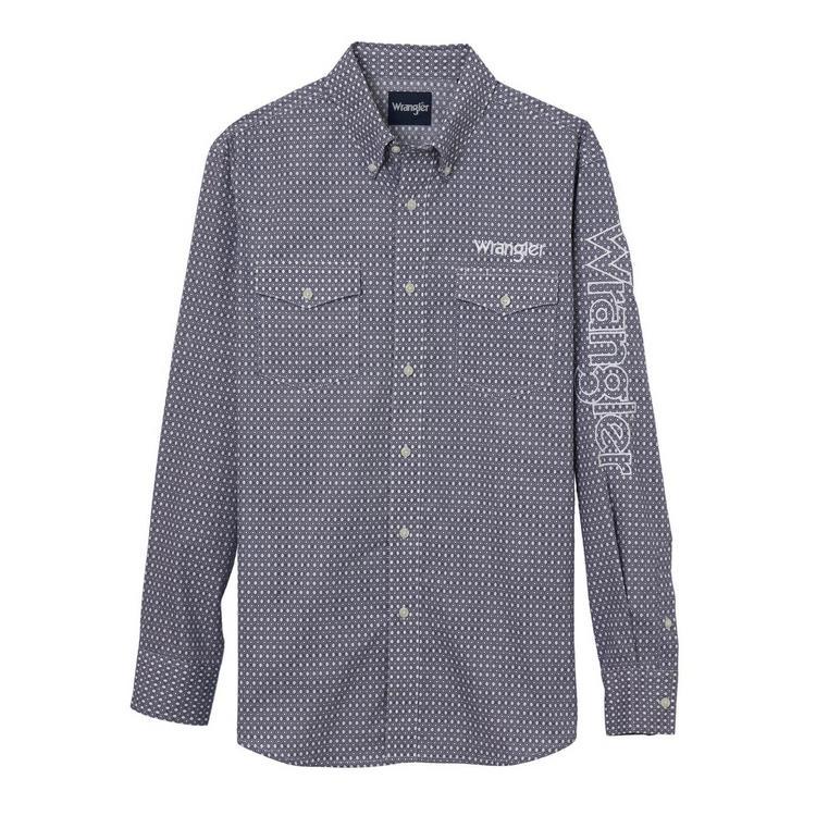 Wrangler® Men's L/S Navy/White Geo Print Logo Button Shirt Product Image