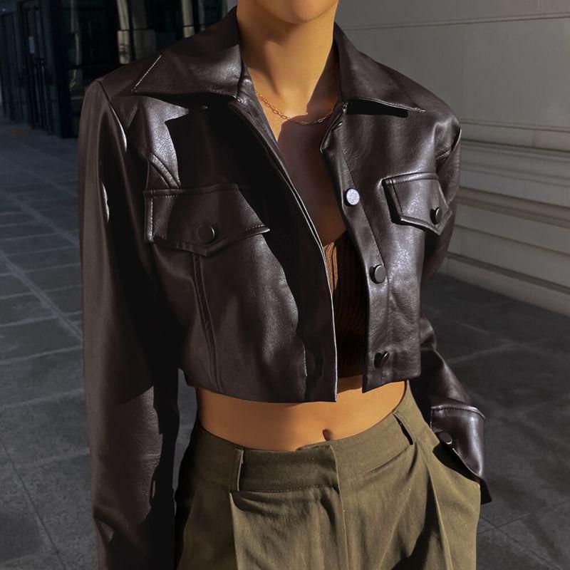 Collar Plain Faux Leather Crop Button Jacket Product Image