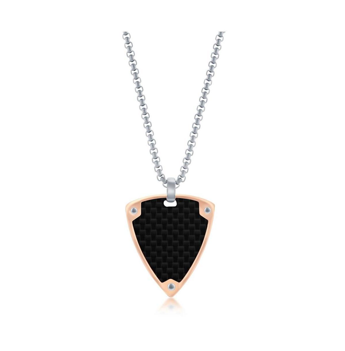 Mens Stainless Steel Black Carbon Fiber Rose Gold Border Triangle Necklace Product Image