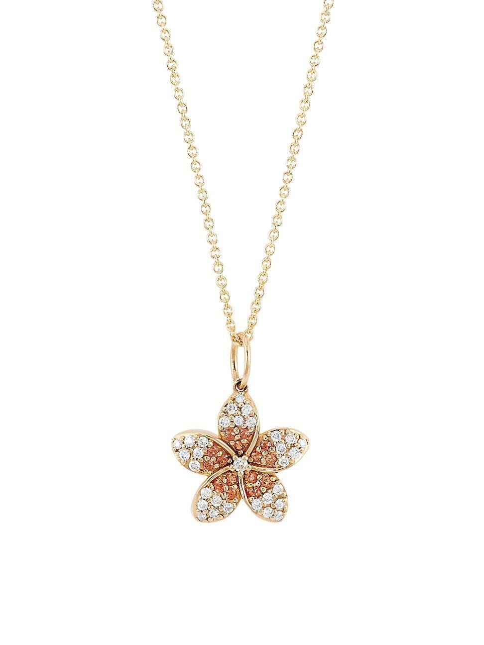 14K Yellow Gold, Diamond, & Orange Sapphire Plumeria Pendant Necklace Product Image