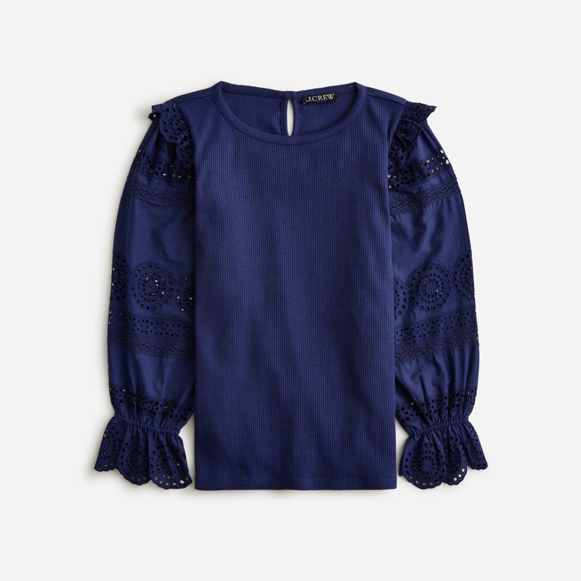 Ruffle-trim eyelet top in vintage rib Product Image