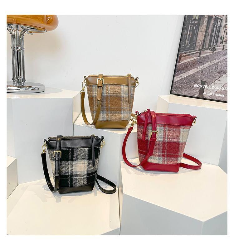 Plaid Faux Leather Panel Bucket Bag Product Image