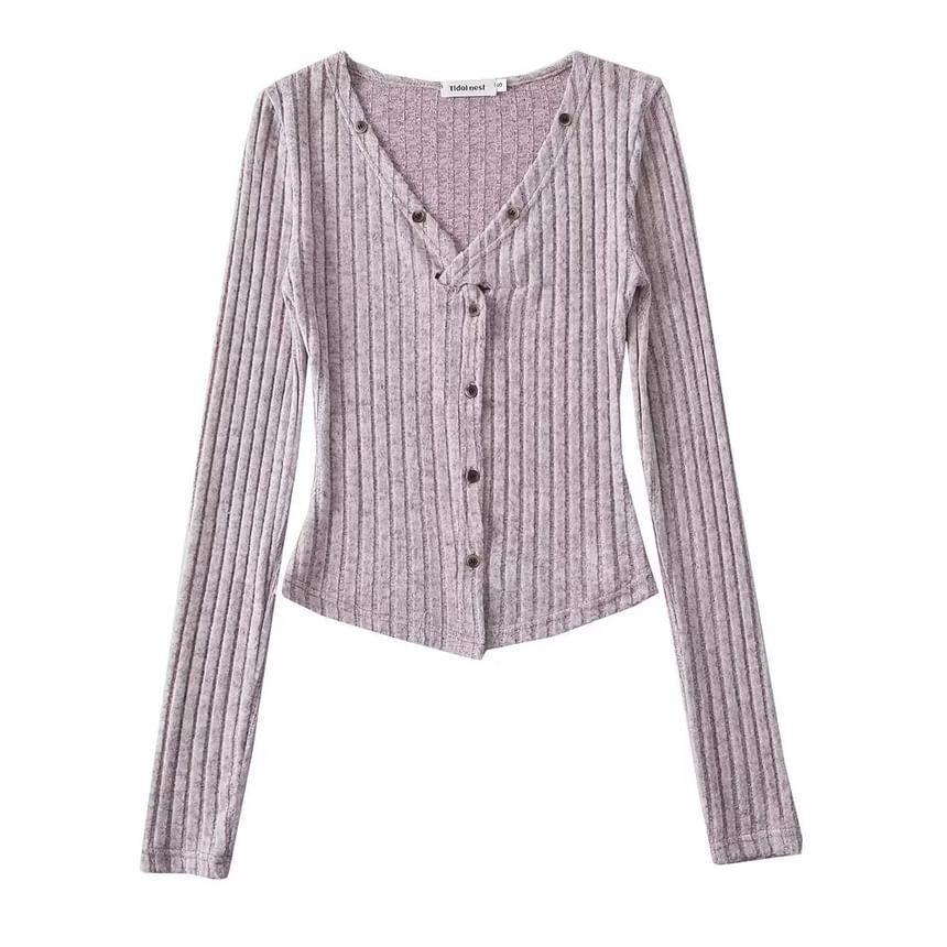 V-Neck Button-Up Plain Crop Cardigan Product Image