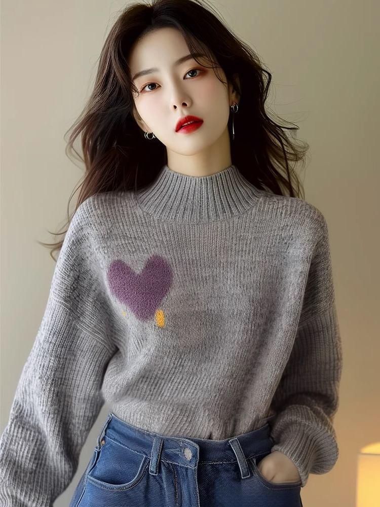 Mock Neck Heart Jacquard Sweater Product Image