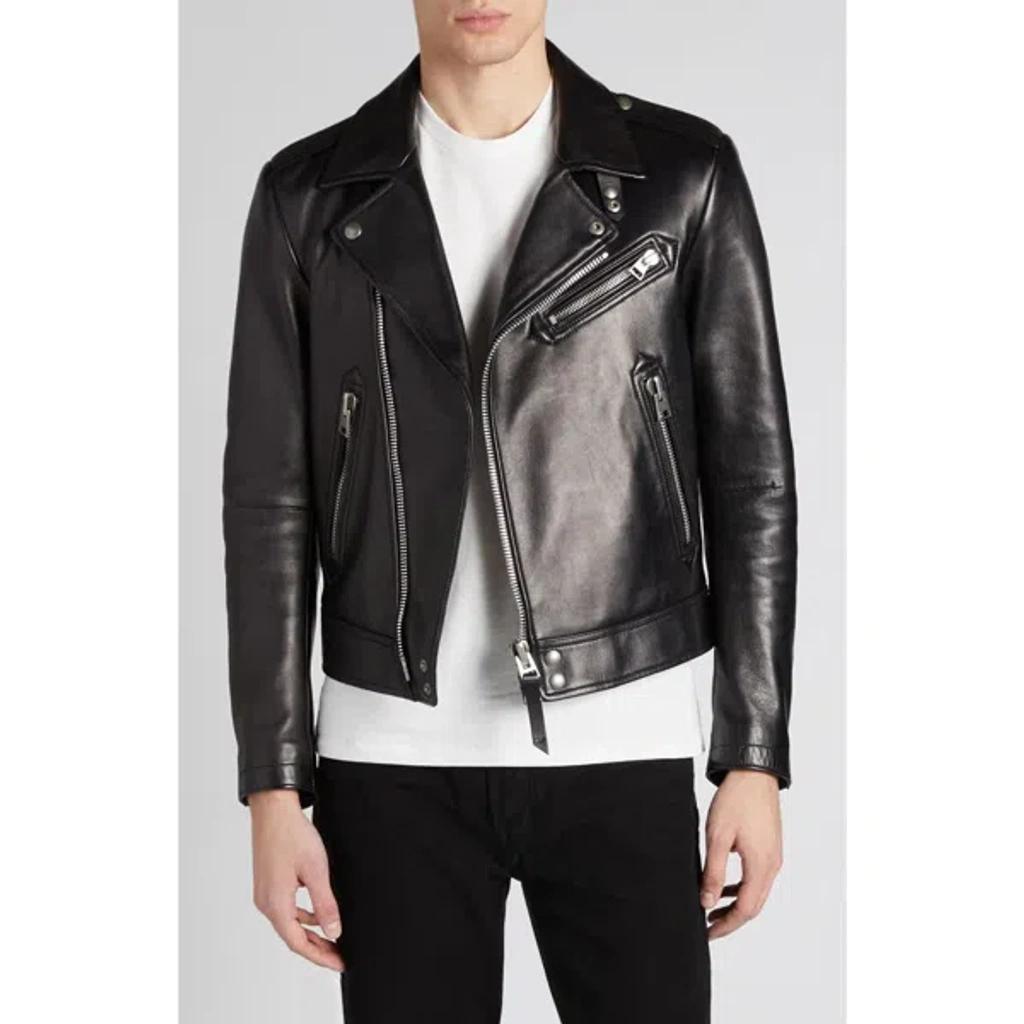 Quilted Lining Lambskin Leather Biker Jacket In Black Product Image