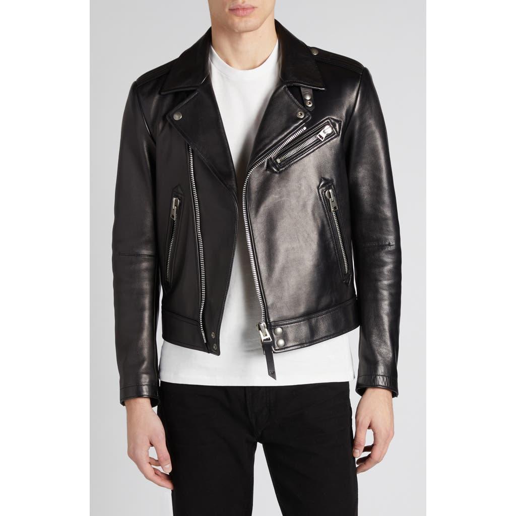 Quilted Lining Lambskin Leather Biker Jacket In Black Product Image