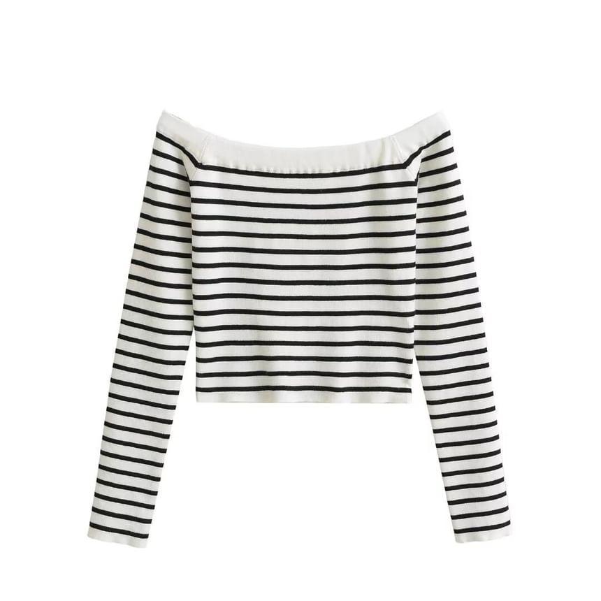 Long Sleeve Off Shoulder Striped Knit Top Product Image