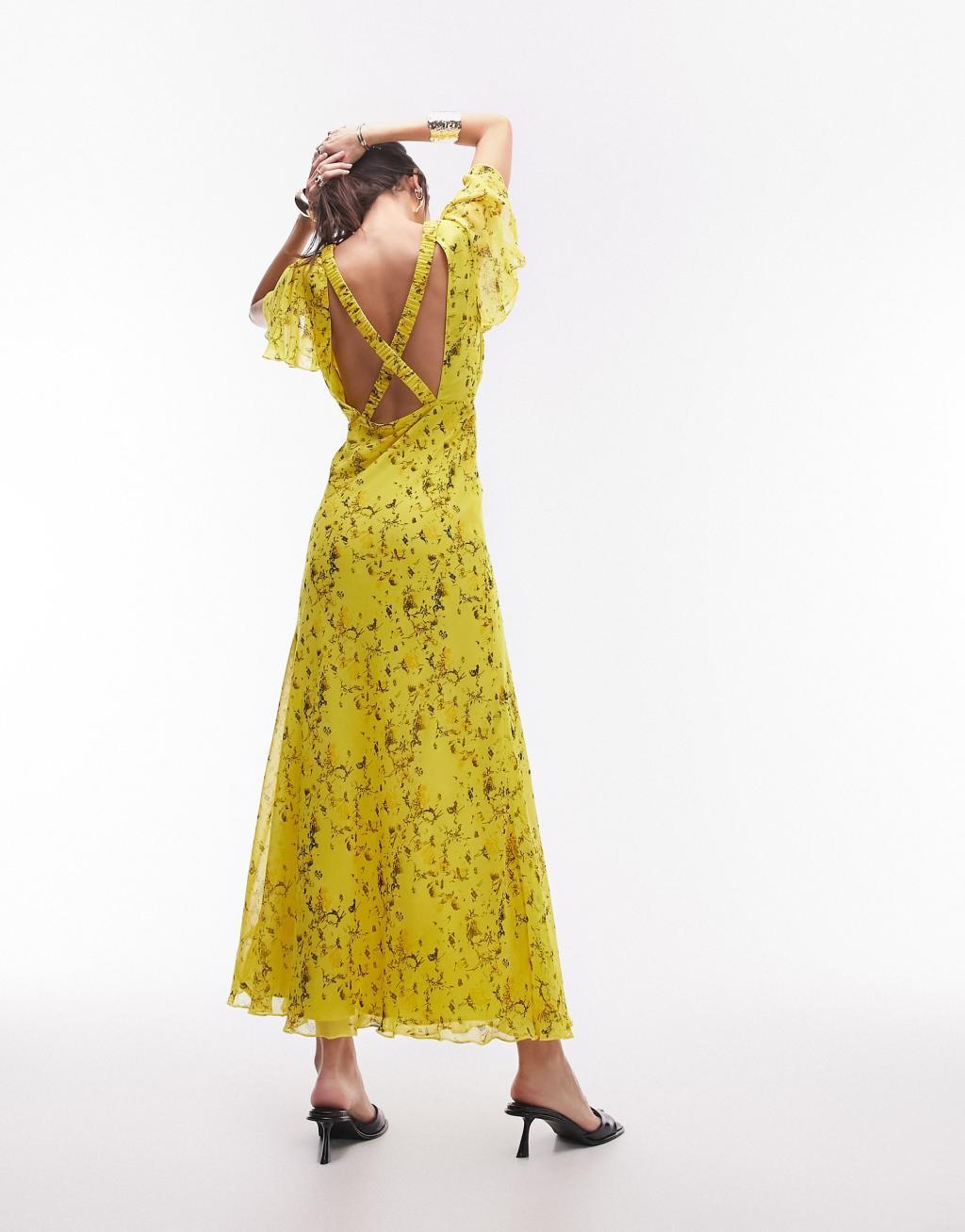  Topshop occasion flutter sleeve maxi dress with back detail in yellow print Product Image