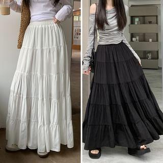 Elastic Waist Plain Tiered Maxi A-Line Skirt Product Image