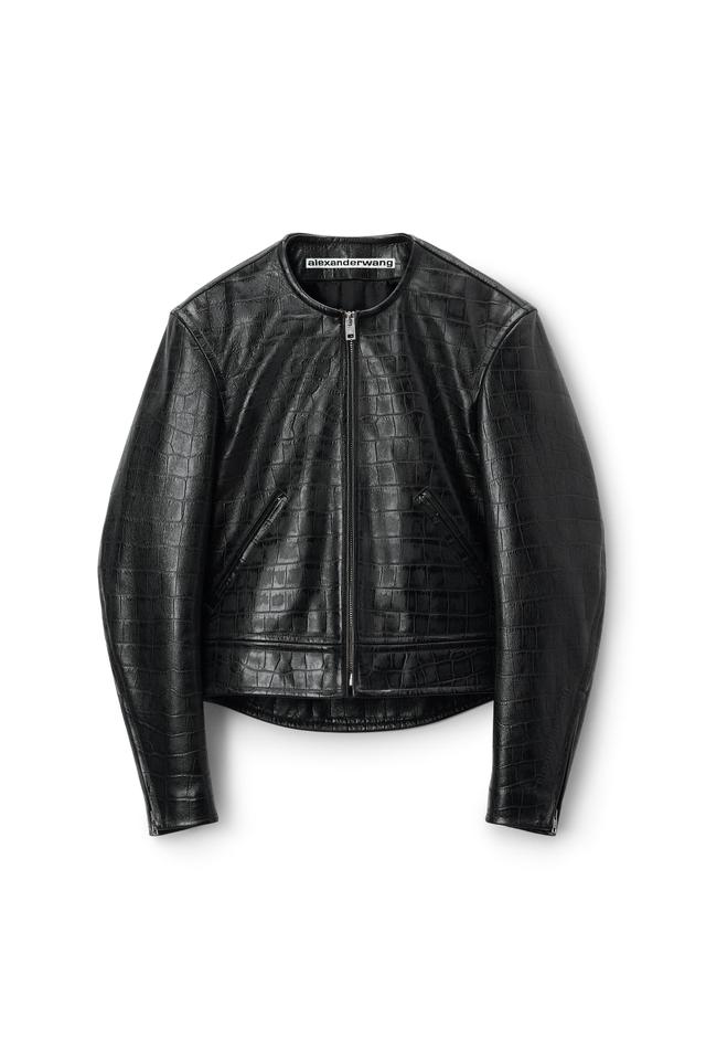 Collarless Croc-embossed Leather Jacket Product Image