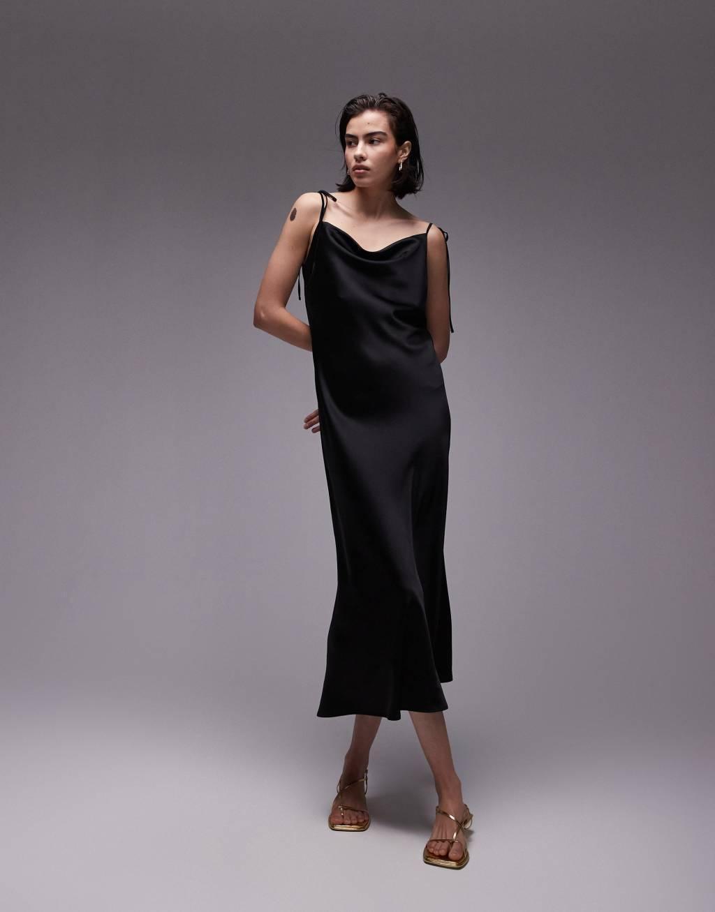 Topshop cowl neck tie shoulder midi slip dress in black Product Image