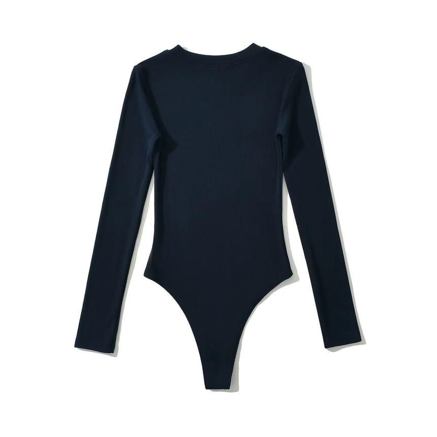 Long Sleeve Henley Round Neck Plain Bodysuit Top Product Image