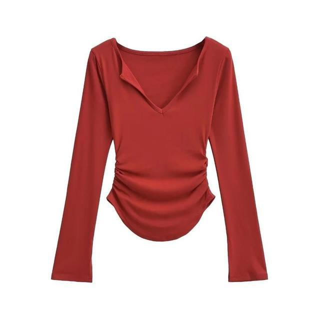 Long-Sleeve V-Neck Plain Crop Top Product Image