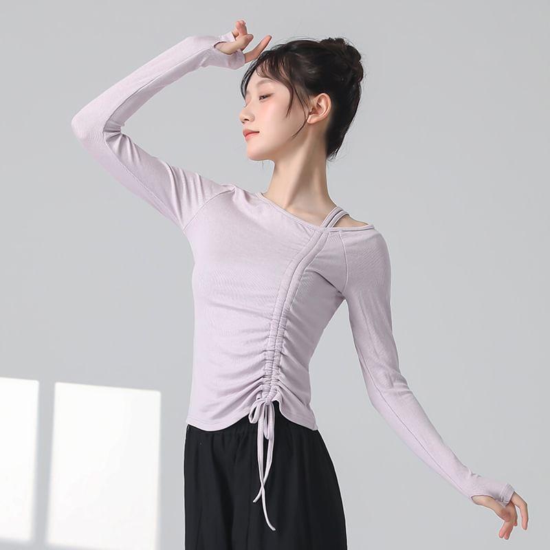 Long-Sleeve Asymmetrical Plain Crop Top Product Image