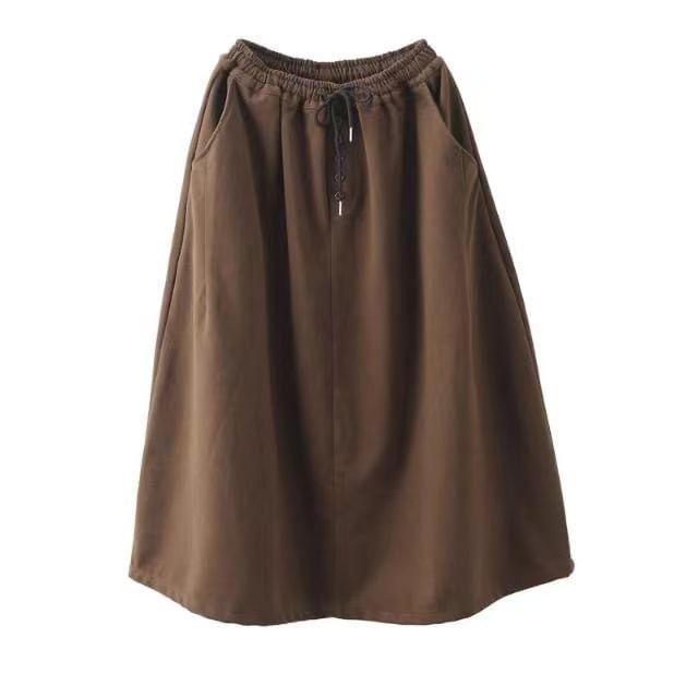 Drawstring Waist Plain Midi A-Line Skirt Product Image