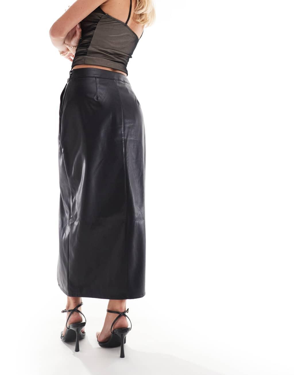 ASOS DESIGN Petite leather look maxi skirt with side slit in black Product Image