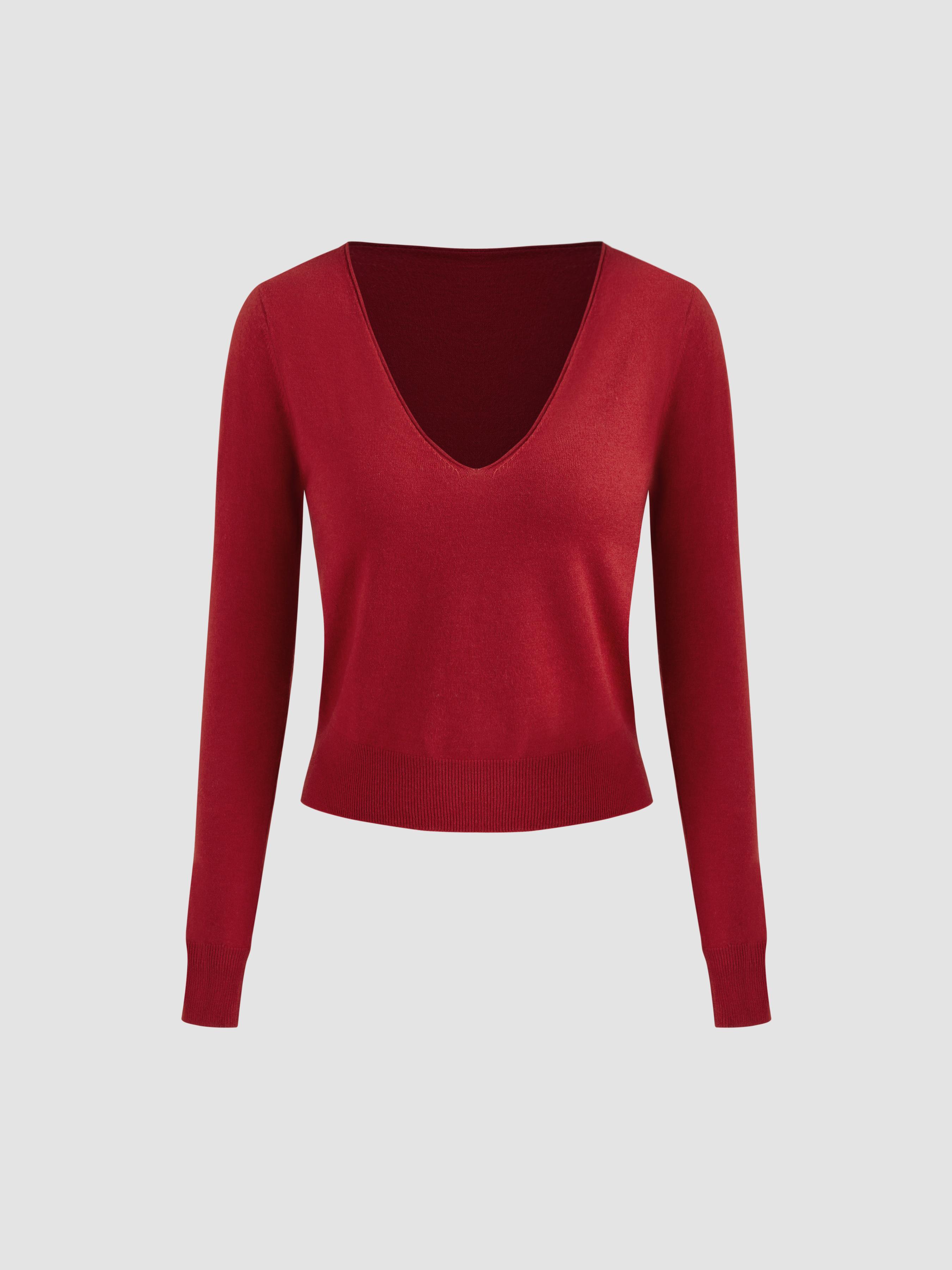 Knitted V-neck Solid Long Sleeve Top Product Image