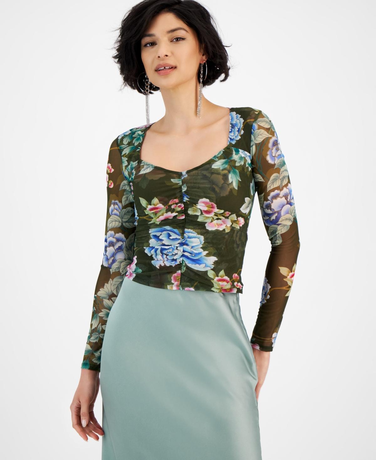 Women's Reyla Smocked Mesh Floral-Print Top Product Image