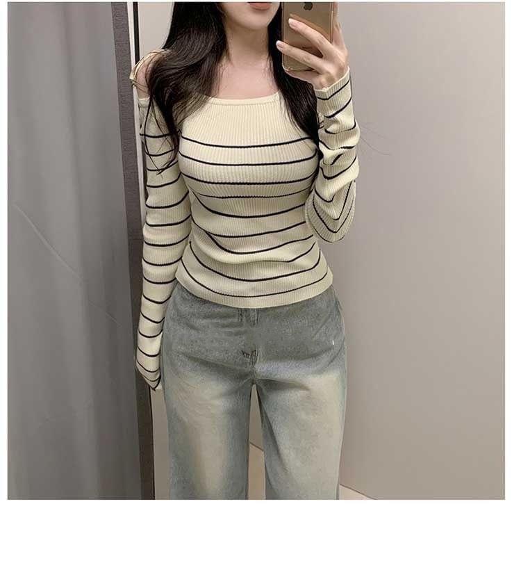 Cold-Shoulder Striped Ribbed Sweater Product Image