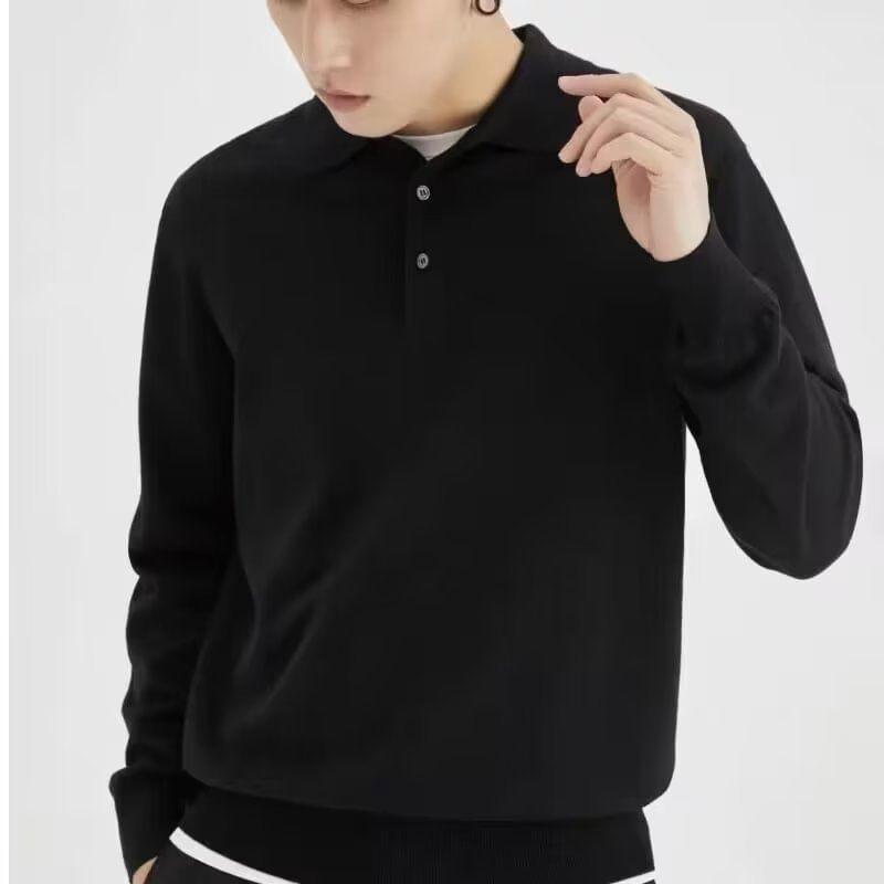 Long-Sleeve Plain Knit Polo Top Product Image