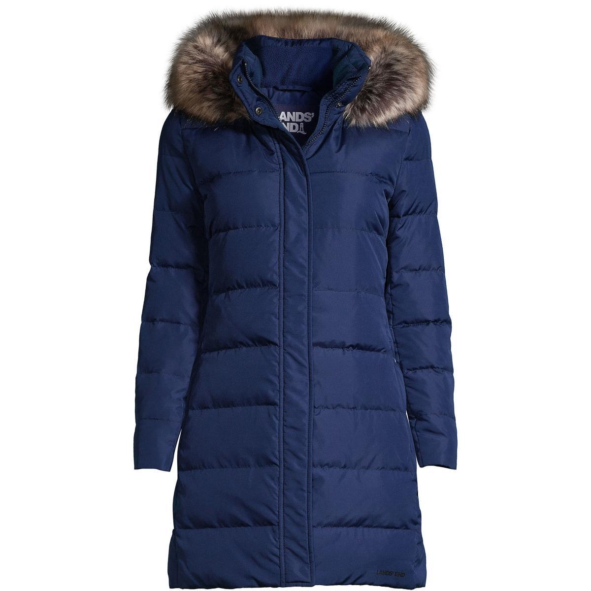 Womens Lands End Faux-Fur Hood Long Down Winter Coat Dark Blue Product Image