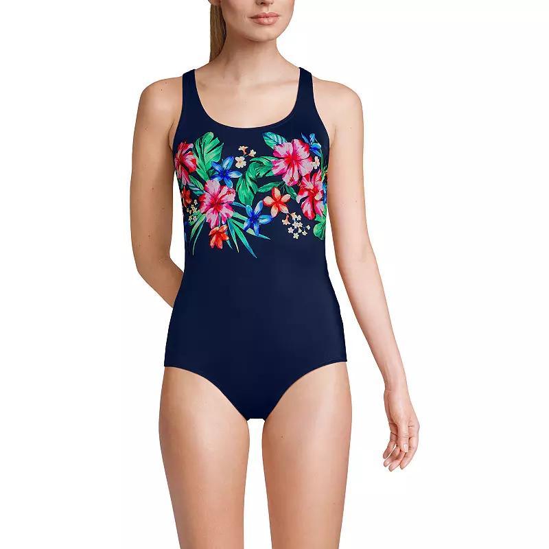 Womens Lands End Tugless Sporty UPF 50 One-Piece Swimsuit Blue Rosella Floral Product Image