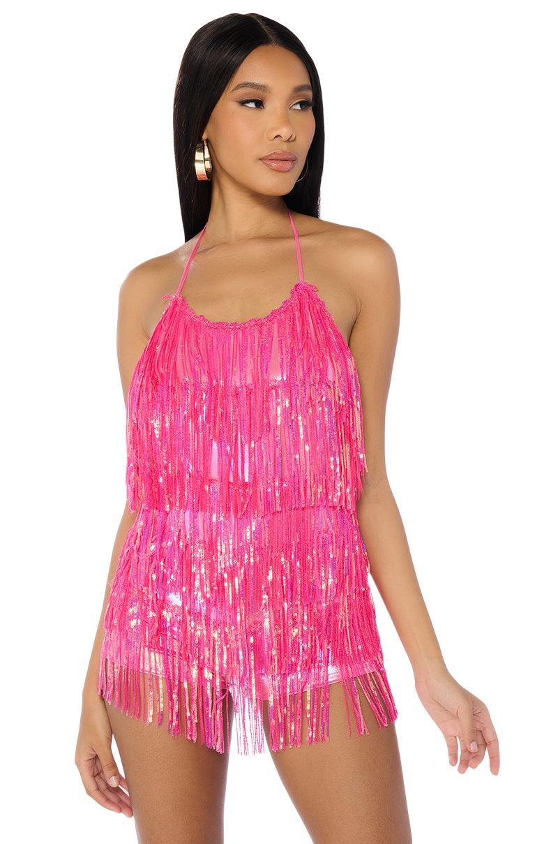 FLAPPER FRINGE ROMPER IN HOT PINK Product Image