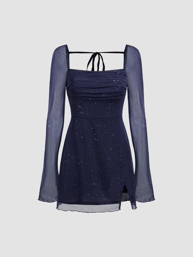 Square Neck Solid Glitter Knotted Mini Dress Product Image