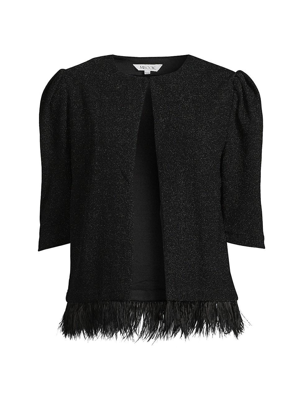 Womens Sparkle Feather-Trim Knit Short Sleeve Jacket Product Image