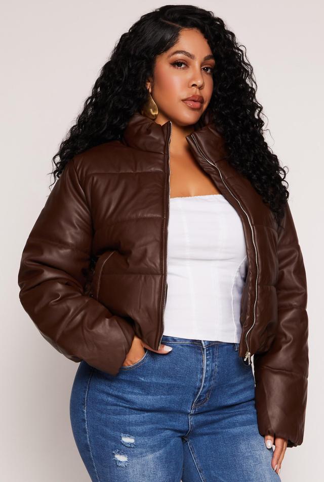 Womens Plus Size Faux Leather Zip Front Long Sleeve Puffer Jacket Product Image