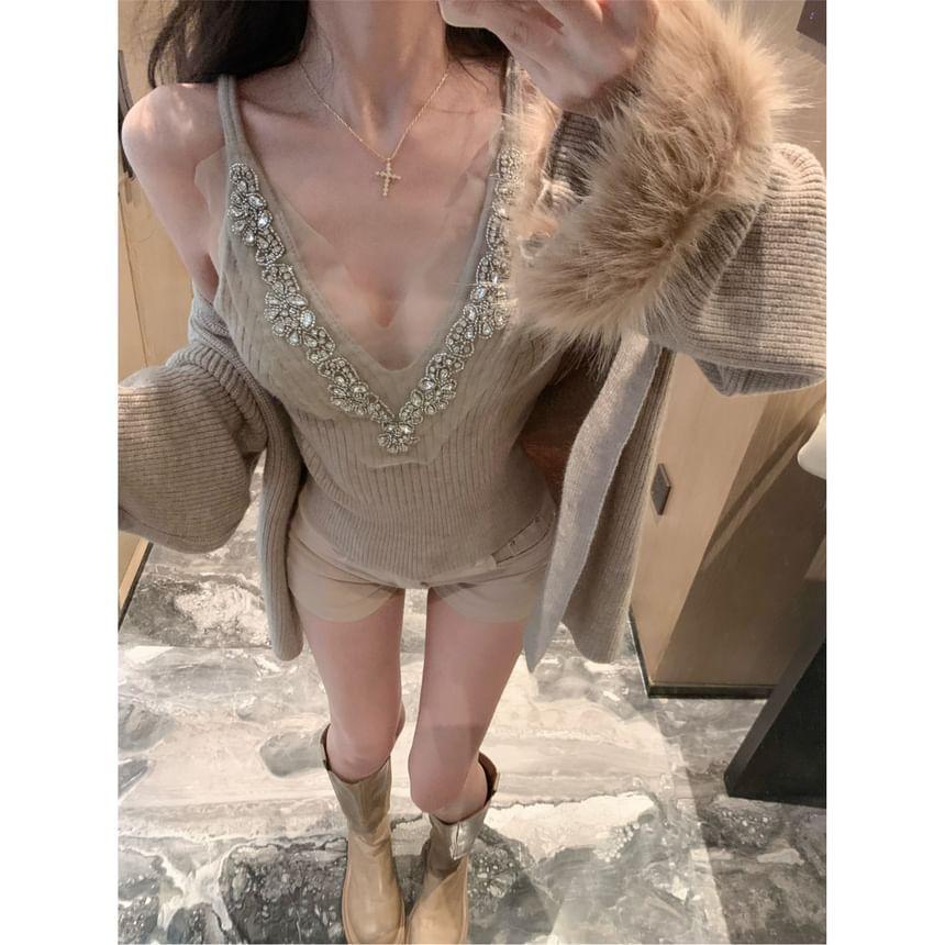 Plain Fluffy Trim Open Front Cardigan / V-Neck Rhinestone Ribbed Cami Top Product Image