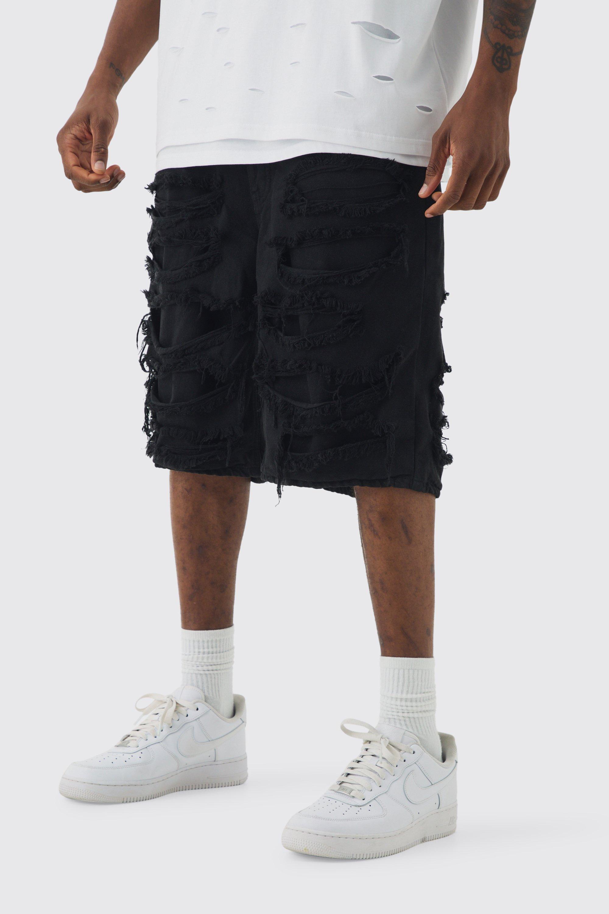 Tall Distressed Twill Overdyed Shorts In Washed Black | boohooMAN USA Product Image