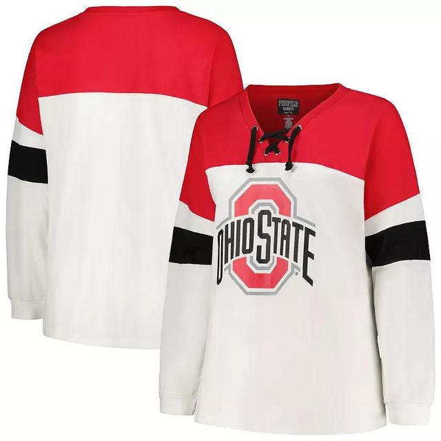 Womens Profile Ohio State Buckeyes Plus Size Colorblock Lace-Up Long Sleeve T-Shirt Product Image