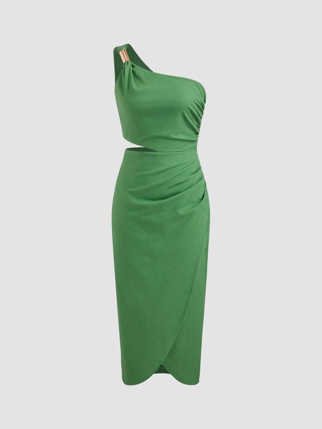 Linen-blend Asymmetrical Neck Solid Cut Out Ruched Midi Dress Product Image