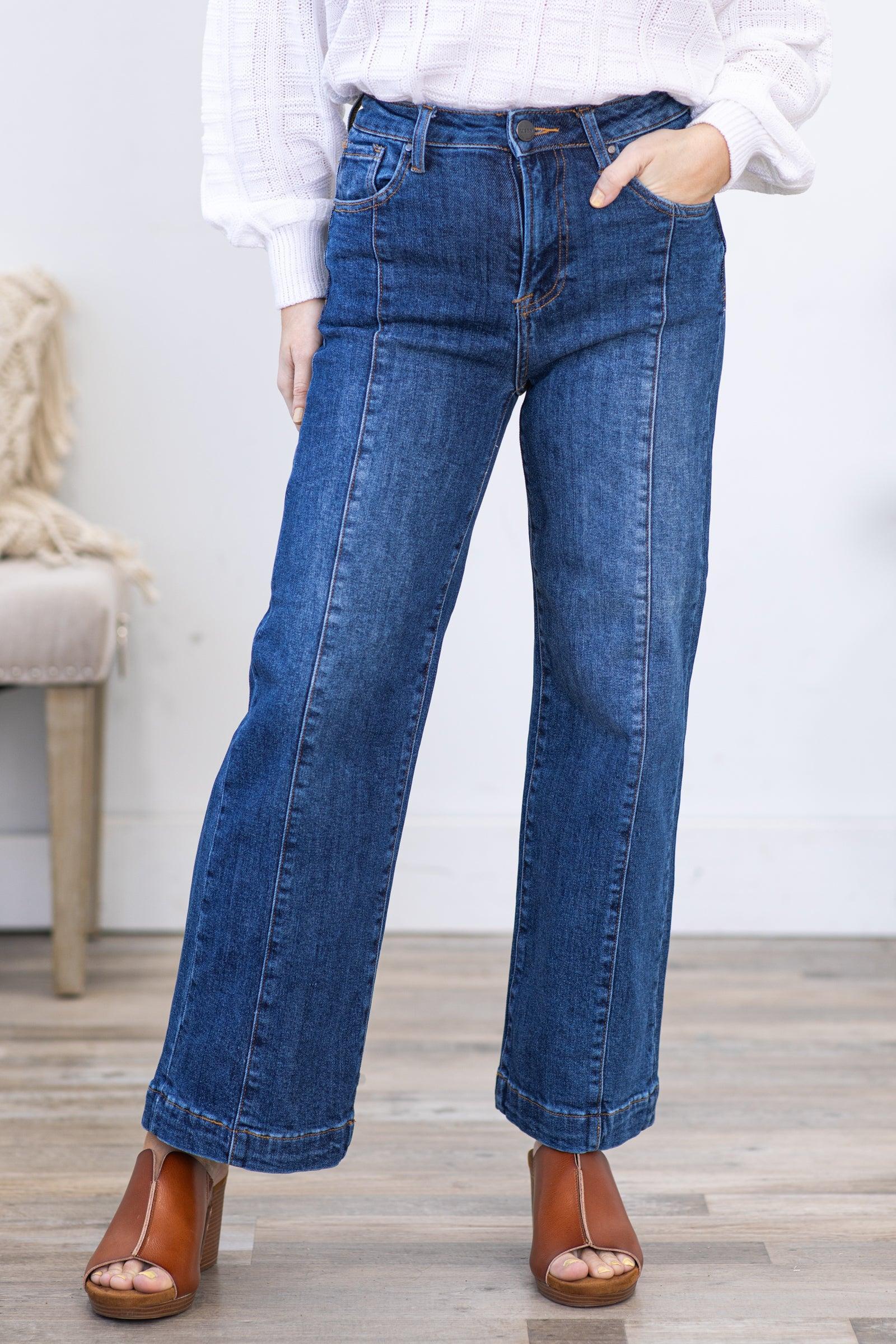 Risen Dark Wash High Rise Wide Leg Ankle Jeans Product Image