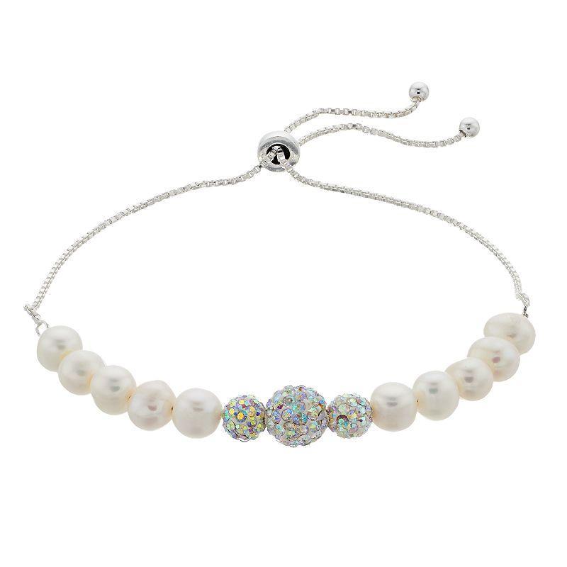 Aleure Precioso Sterling Silver Crystal Fireball & Cultured Freshwater Pearl Bolo Bracelet, Womens White Product Image